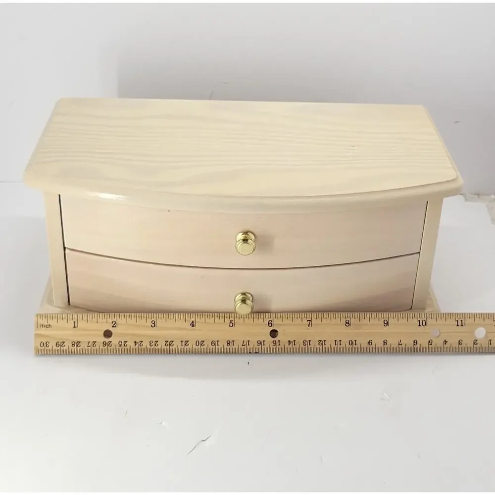 Wood Jewelry Box 2 Drawer Organizer Mirror Ring Storage Pink Lined Wooden Chest